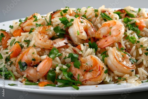 Shrimp fried rice with vegetables and green herbs