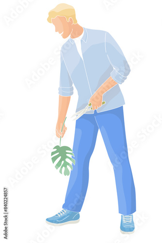 Male  character man with garden shears and a monstera leaf takes care of indoor plants