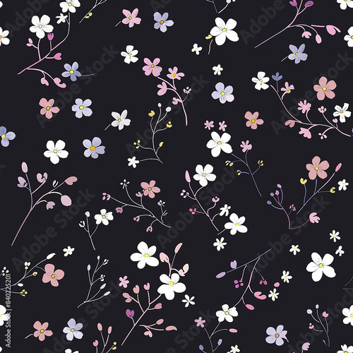 A dark background is covered in a pattern of small, simple flowers and thin branches with leaves. The flowers are white, pink, purple, and yellow.