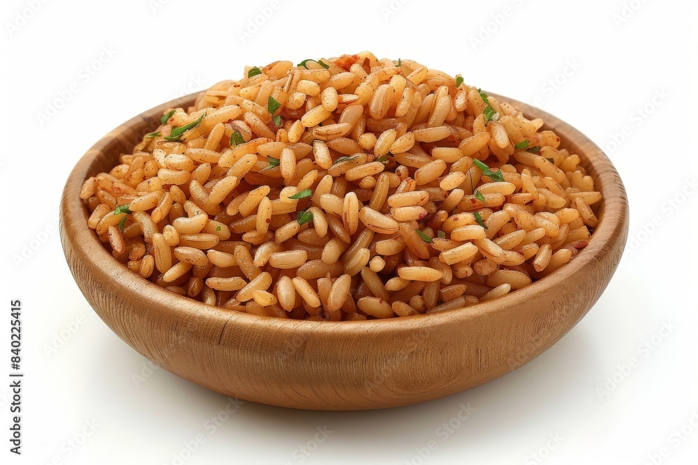 Savory Spanish rice with fried egg on wooden plate Savory Spanish rice with fried egg on wooden plate