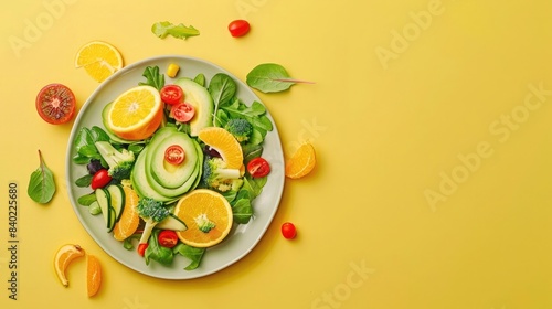 Top view of a fresh salad with avocado, oranges and vegetables on a plate isolated over a yellow background. Green trees