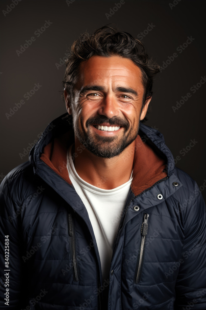 Smiling man portrait wearing anorak jacket Smiling man portrait wearing anorak jacket