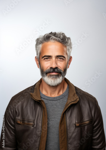Fotografie Casual middle-aged man with beard and in leather jacket portrait