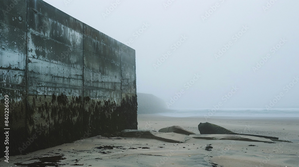 Concrete wall is resisting the effects of time and tide on a foggy beach