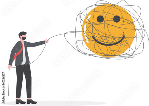 mood reset, eliminate problems that hinder a good mood, man removes messy lines on the heart to restore a good mood

