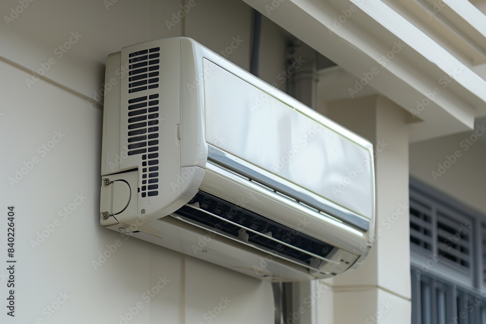 A white air conditioning unit is mounted on an exterior wall of a building A white air conditioning unit is mounted on an exterior wall of a building