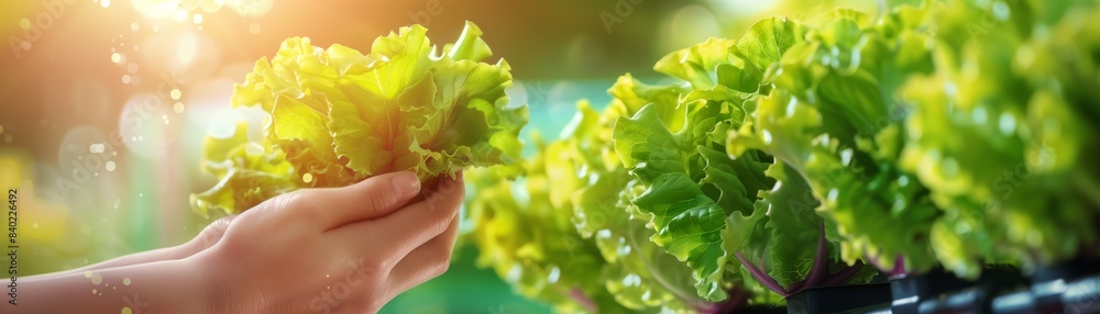 A Hand Holding Hydroponic Lettuce with Lettuce Rows in a Sunlit Greenhouse A Hand Holding Hydroponic Lettuce with Lettuce Rows in a Sunlit Greenhouse