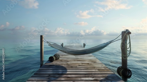 Tranquil Ocean Escape Relaxing Hammock on Pier with Fishing Gear Serene Coastal View