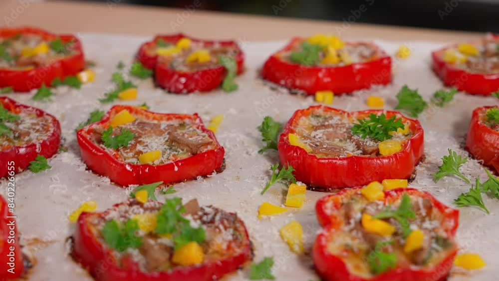 Ready-made stuffed paprika with ham, Parmesan cheese, herbs and pieces of yellow pepper. The camera moves in a circle. Healthy food, vegetables, pepper dishes, baked paprika peppers, snack. Macro, Ready-made stuffed paprika with ham, Parmesan cheese, herbs and pieces of yellow pepper. The camera moves in a circle. Healthy food, vegetables, pepper dishes, baked paprika peppers, snack. Macro,