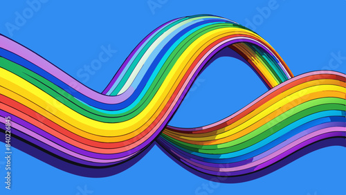 modern graphic design. A vibrant, wavy ribbon flows across the image, transitioning smoothly through the colors of the rainbow, from purple and blue to green, yellow, and orange.  