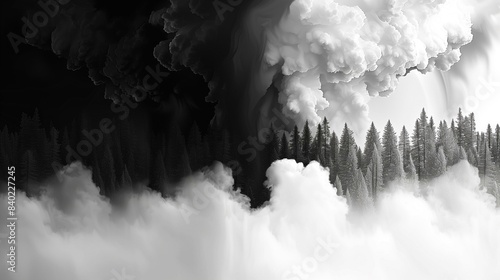 Black white surreal forest divided in two parts one with dark clouds with bright clouds, digital tree art photo