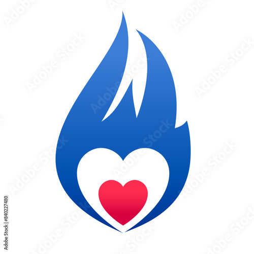 Fire blue flame, hot red heart symbol