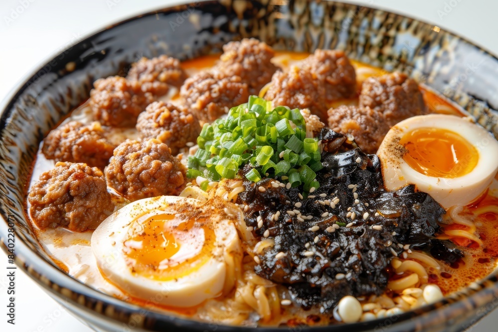 Gourmet ramen bowl with eggs, meat, and vegetables Gourmet ramen bowl with eggs, meat, and vegetables