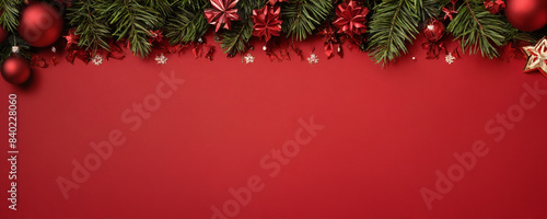 Red christmas ornaments and pine branches on a red background
