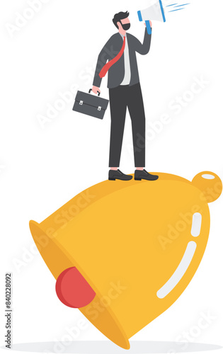 notification or announcement, Follow up customers on online business with notification to achieve sales targets, businessman using megaphone standing next to big notification bell concept illustration