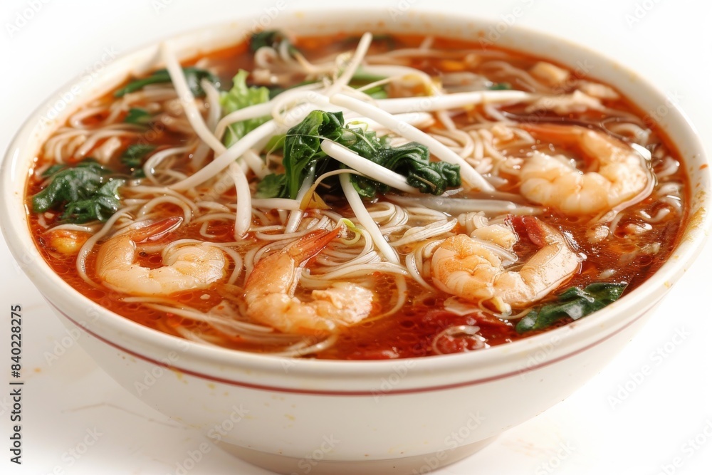 Spicy shrimp noodle soup with herbs and lime wedges Spicy shrimp noodle soup with herbs and lime wedges