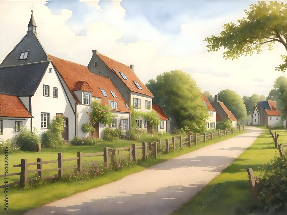 The Funen Village Denmark Country Landscape Watercolor Illustration Art The Funen Village Denmark Country Landscape Watercolor Illustration Art