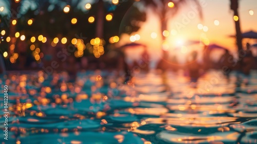 String lights illuminate twilight poolside gathering