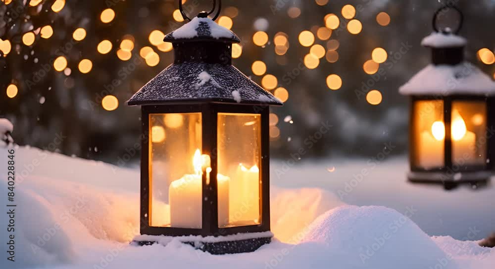 Christmas lantern on snow with bokeh in evening. Christmas lantern on snow with bokeh in evening.