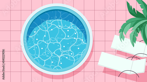 Top View Swimming round pool, chaise loungers on pink tiles. Summer tropical background