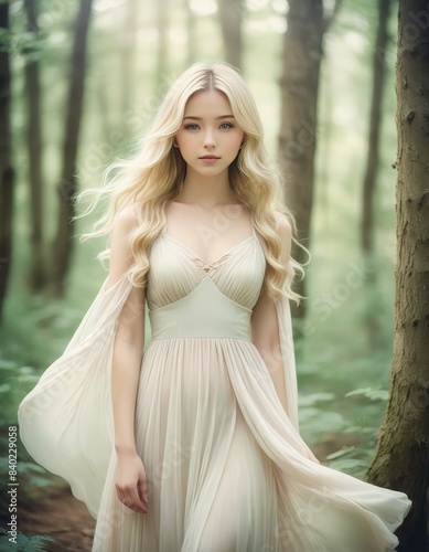 A stunning blonde woman in a flowing white dress walks through a mystical forest, surrounded by soft, ethereal light. The serene atmosphere and delicate details create an enchanting and dreamlike