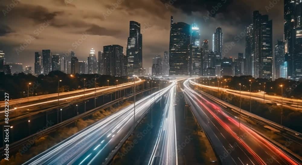 Seamless Loop of Highway Trail Lights and Building Reflections in Mega City at Night - Cyberpunk Technology Background, Fintech, Big Data, 5G Network
Seamless Loop of Highway Trail Lights and Building Reflections in Mega City at Night - Cyberpunk Technology Background, Fintech, Big Data, 5G Network