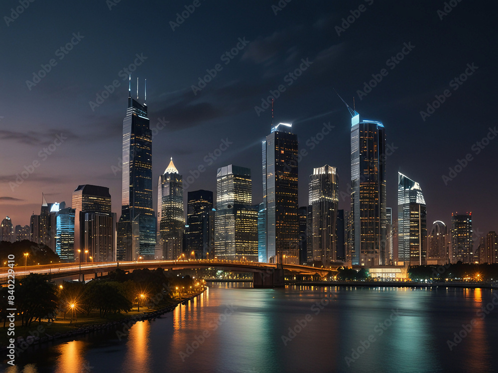 Fototapeta premium Skyscrapers lit up with lights