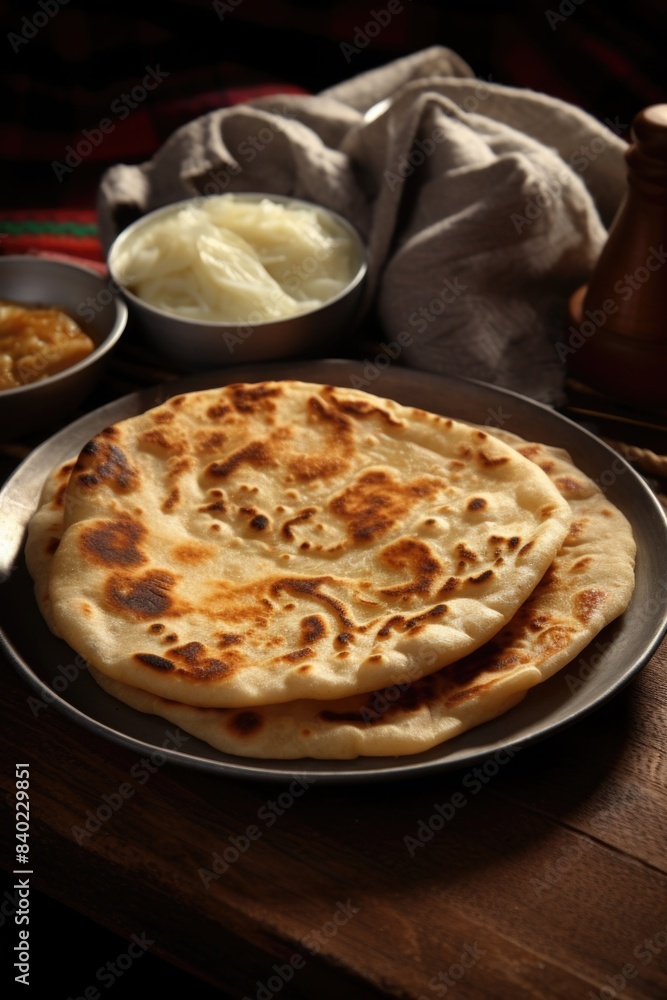 A plate of flatbread served on a wooden table, ready for use or serving A plate of flatbread served on a wooden table, ready for use or serving