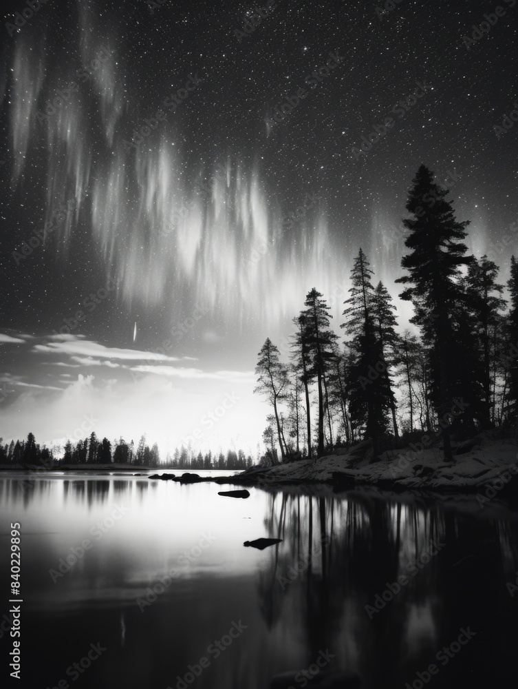 Fototapeta premium A black and white photograph of the night sky with stars and clouds