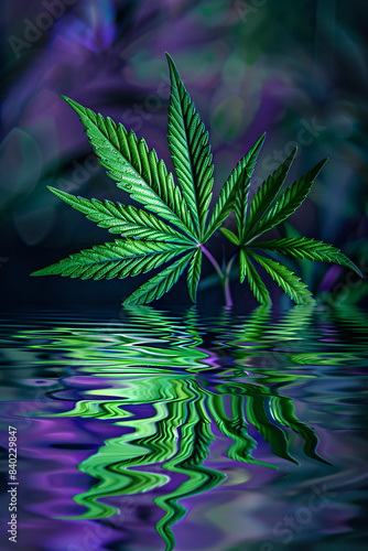Psychedelic water creates surreal abstract with reflection of cannabis leaf