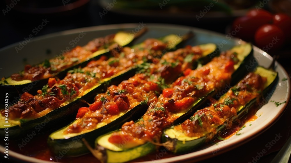 A plate of stuffed zucchinis filled with meat and vegetables, served hot A plate of stuffed zucchinis filled with meat and vegetables, served hot