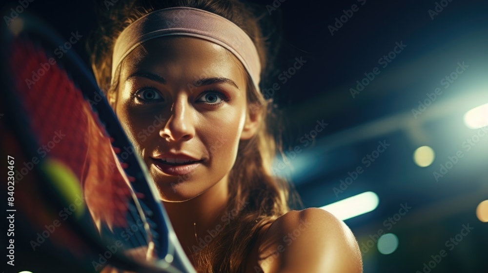 Fototapeta premium A woman holding a tennis racket on a tennis court, suitable for sports-themed images and advertisements