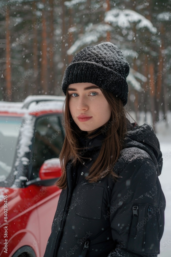 A woman stands next to a red car covered in snow A woman stands next to a red car covered in snow