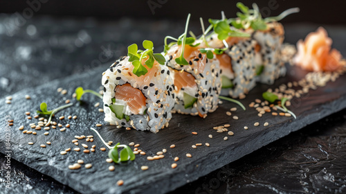 tasty sushi roll uramaki with salmon, fresh sushi photo