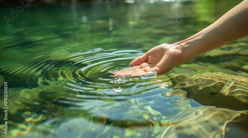 Connecting with nature, Hand touching pristine river water. Symbol of environmental conservation.