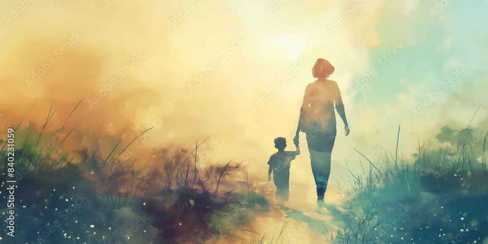 Parent and child silhouette walking away. Values concept art. Parenting and values abstract watercolor illustration. Parenthood and childhood. Walking down the path of righteousness. Parent and child silhouette walking away. Values concept art. Parenting and values abstract watercolor illustration. Parenthood and childhood. Walking down the path of righteousness.