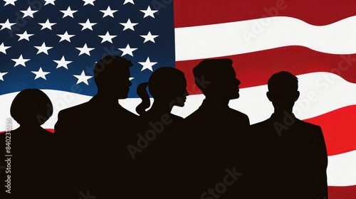 American Heroes: Silhouettes of Soldiers Against US Flag Background photo