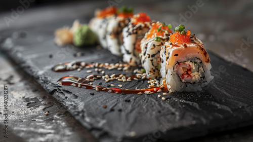 delicious roll uramaki with salmon, fresh sushi photo