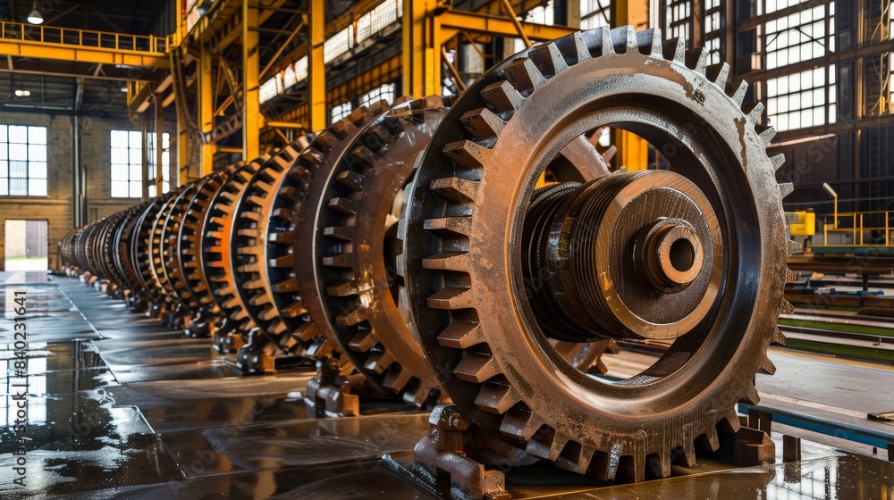 Series of large gear wheels in a row, showcasing the scale of industrial machinery and mechanical engineering. Series of large gear wheels in a row, showcasing the scale of industrial machinery and mechanical engineering.