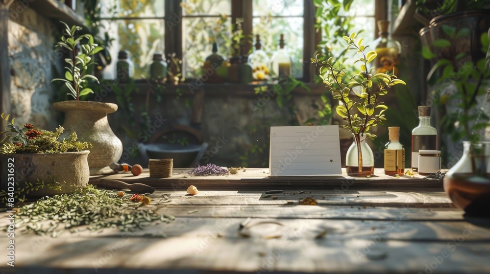 Tranquil Herbalist Workspace Blank Business Cards Dried Herbs Mortars Pestles Tincture Bottles Natural Apothecary Scene for Holistic Healing and Wellness Practices Tranquil Herbalist Workspace Blank Business Cards Dried Herbs Mortars Pestles Tincture Bottles Natural Apothecary Scene for Holistic Healing and Wellness Practices