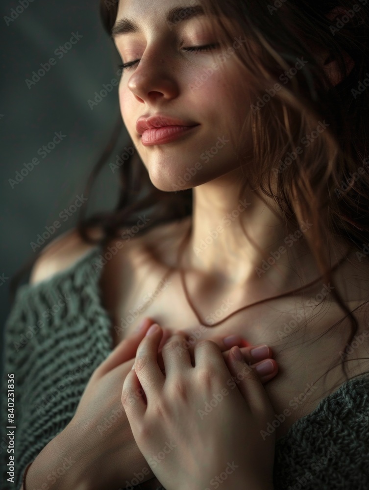 A woman stands with her hands clasped together in front of her chest, conveying a sense of thoughtfulness or contemplation A woman stands with her hands clasped together in front of her chest, conveying a sense of thoughtfulness or contemplation