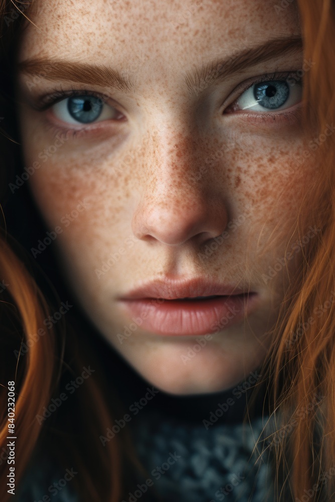 Close-up portrait of a woman with distinctive freckles, suitable for personal use or as a stock photo Close-up portrait of a woman with distinctive freckles, suitable for personal use or as a stock photo