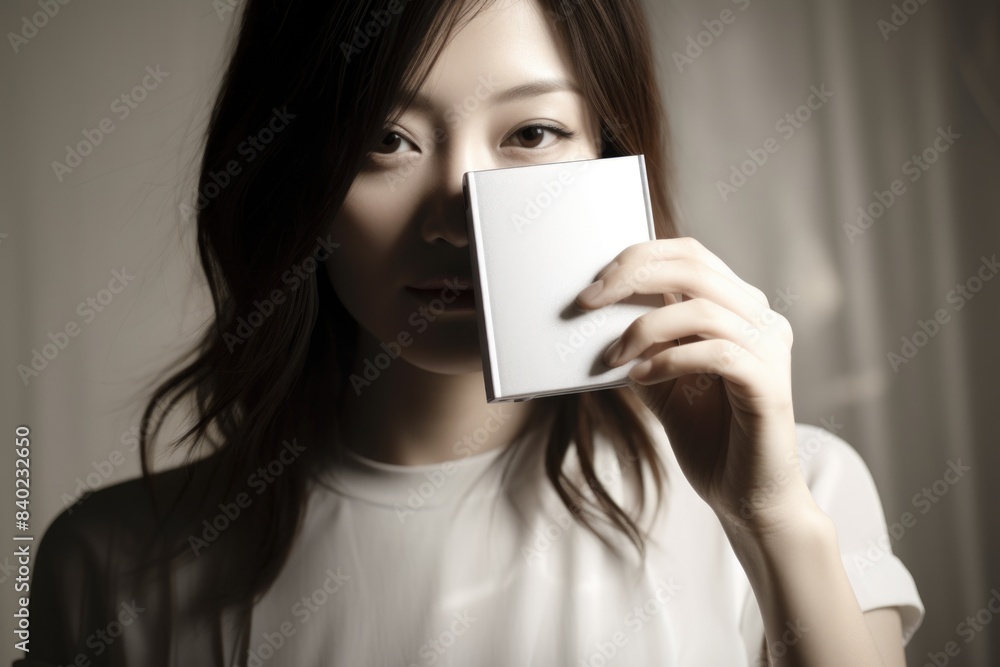 A woman holding a white box in front of her face, useful for representing secrecy or mystery A woman holding a white box in front of her face, useful for representing secrecy or mystery