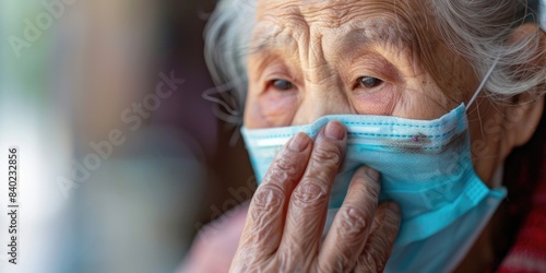A person wearing a face mask covering their mouth, suitable for use in illustrations about health and wellness, or as a symbol of caution and protection