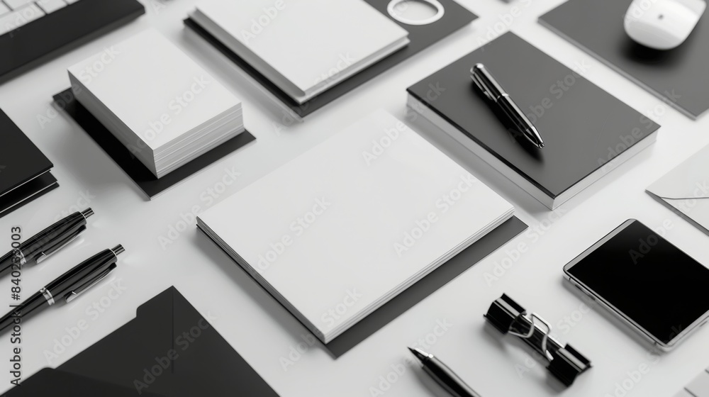 Modern Professionalism Sleek Black and Silver Office Accessories Surround Blank Business Cards on White Tabletop Modern Professionalism Sleek Black and Silver Office Accessories Surround Blank Business Cards on White Tabletop