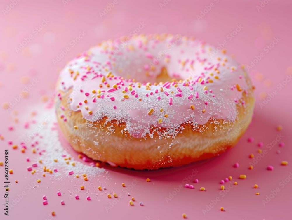 A colorful donut with sprinkles on a pink surface, perfect for a bakery display or food advertisement A colorful donut with sprinkles on a pink surface, perfect for a bakery display or food advertisement