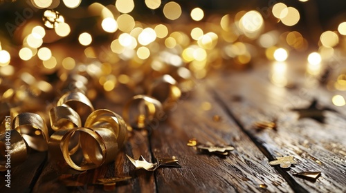 A collection of golden bells arranged on a wooden surface photo