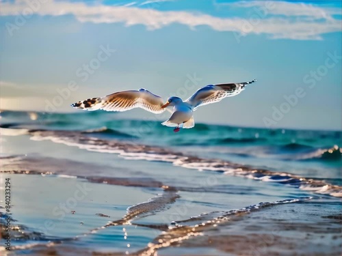 a seagull flying over the ocean with its wings spread
