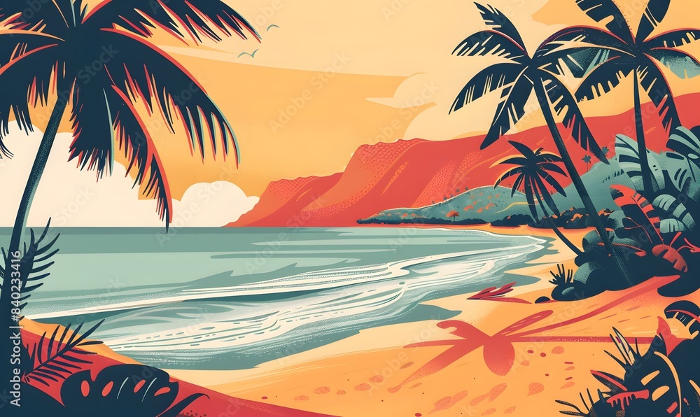 A retro vector illustration of the beach in Hawaii, Generative AI A retro vector illustration of the beach in Hawaii, Generative AI