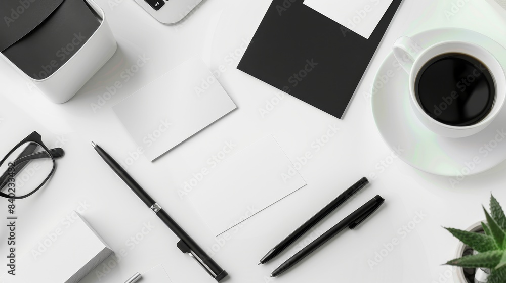 Modern Professionalism Sleek Black and Silver Office Accessories Surround Blank Business Cards on White Tabletop Modern Professionalism Sleek Black and Silver Office Accessories Surround Blank Business Cards on White Tabletop